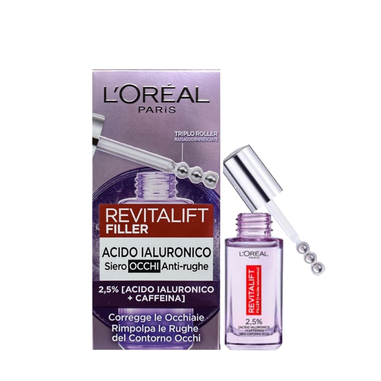 L'Oréal Paris - Revitalift Filler - Acido Ialuronico - Siero Occhi Anti-Rughe - 2,5% [Acido Ialuronico+Caffeina] - Corregge Le Occhiaie-Rimpolpa Le Rughe Del Contorno Occhi